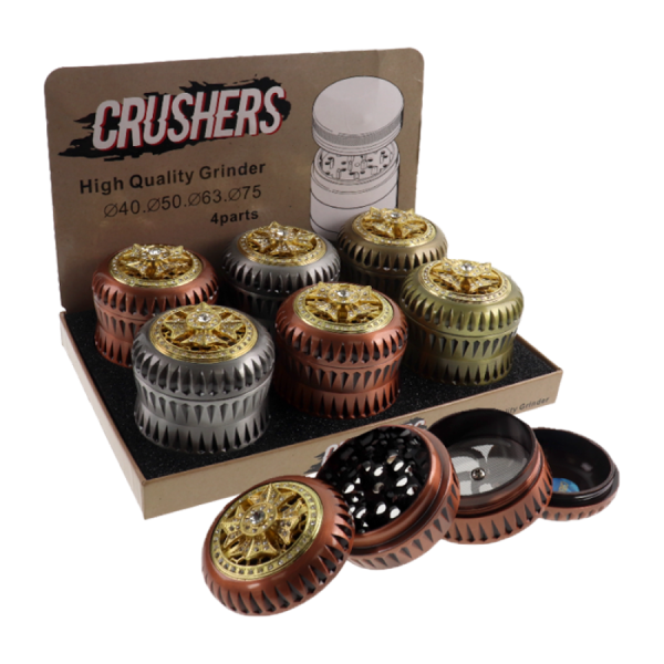 CRUSHER 4-PIECE 63MM SPINNING WHEEL DESIGN & ASSORTED COLOR METAL GRINDER - 6CT/DISPLAY